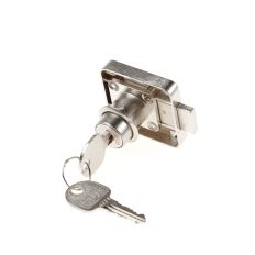OPSCHROEFSLOT MET NACHTSCHOOT, AANSLAG LINKS, MET VAST BEVESTIGDE PLAATJESCILINDER, DOORNMAAT 25 MM, VERNIKKELD MAT, VERSCHILLENDE SLUITEND, CILINDERLENGTE 22MM