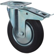 ZWENKWIEL, ZWART RUBBER WIEL MET STALEN VELG EN ROLLAGER + REM, 70KG M/REM 100MM