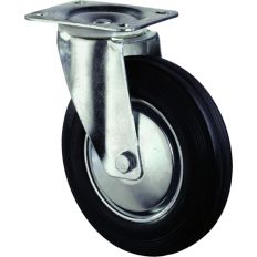 ZWENKWIEL, ZWART RUBBER WIEL MET STALEN VELG EN ROLLAGER, 70KG 100MM